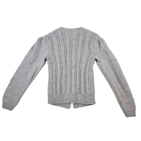 Hand Knit Gray Wool Cardigan Puff Sleeves Cable Knit Women’s SZ LG GUC - Picture 2 of 8